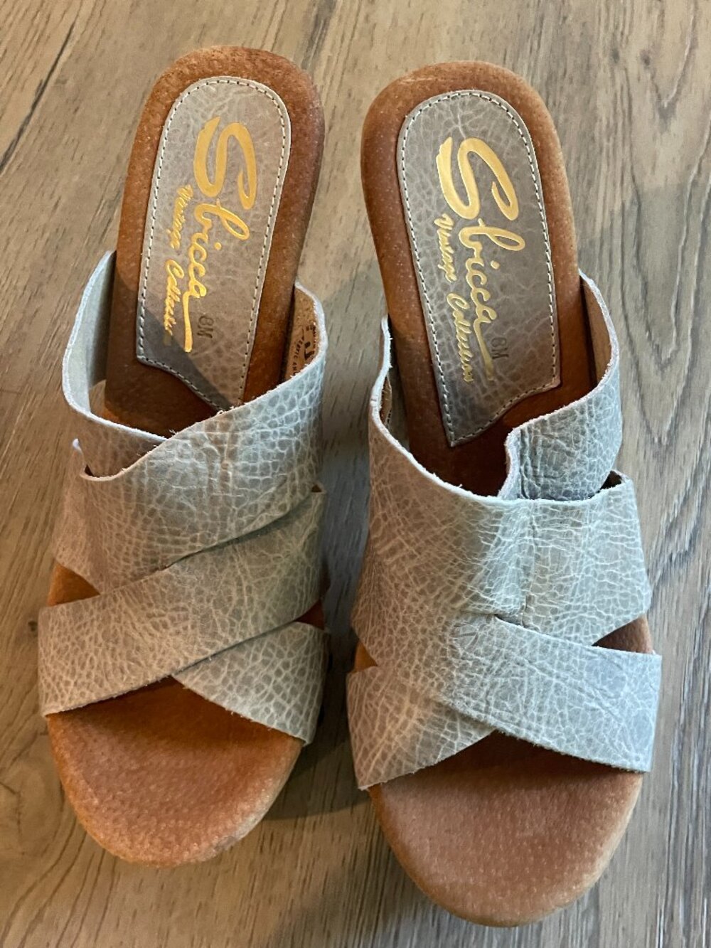 Sbicca Y2K w/70's vibe Gray LEATHER Comfort Platform Sandal Wood Heel Sz 8 Boho!